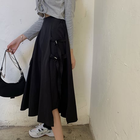 アシンメトリー スカート スプリットスカート 韓国ファッション レディース ロングスカート Aライン バックル ハイウエスト シンプル ガーリー DTC-622923112915