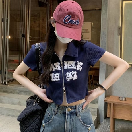 ダブルジップ ワッフル トップス 襟付き Tシャツ クロップド丈 ショート丈 レタープリント 半袖 シンプル ルーズ レトロ 大人可愛い ガーリー カジュアル DTCA-711769972021