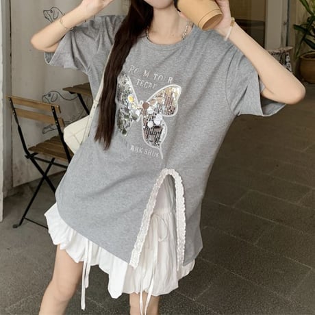 Tシャツ スパンコール バタフライ 蝶 レース スリット キラキラ トップス ルーズ 半袖 レトロ 韓国ファッション レディース 大人可愛い ガーリー DTC-797869272696