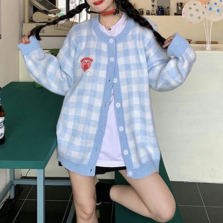 チェック柄 ニットカーディガン ハート ラウンドネック 長袖 オーバーサイズ 韓国ファッション レディース ニット カーディガン 大人可愛い ガーリー カジュアル DTC-652488720754