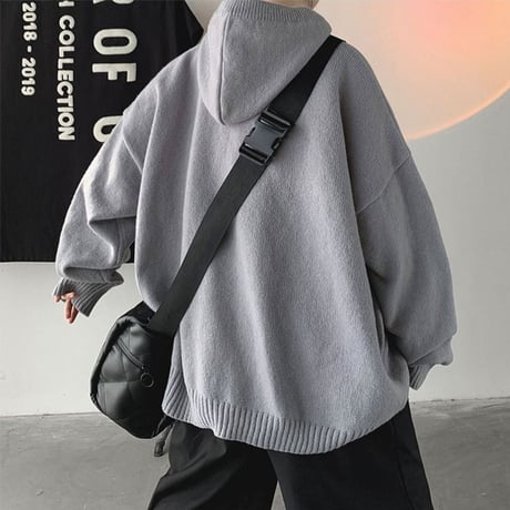 ユニセックス ニットパーカー ハーフボタン プルオーバー フード付き ニット 長袖 オーバーサイズ 韓国ファッション メンズ レディース ストリート系ファッション DTC-684636512220