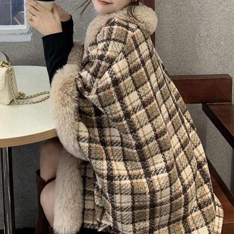 チェック柄 ファーケープコート ポンチョ ラビットファー もこもこ