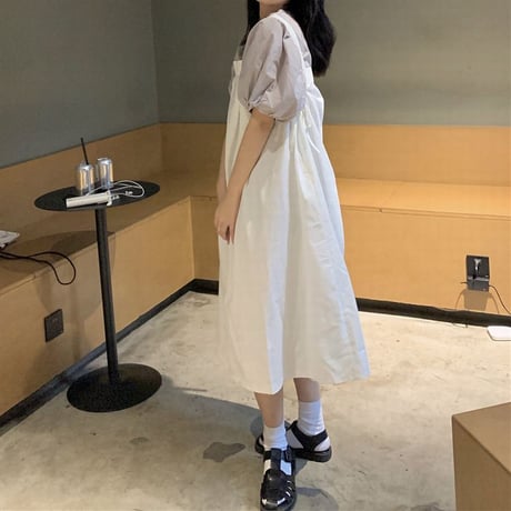 ジャンパースカート ストラップスカート ワンピース タック ルーズ 薄手 ハイウエスト 韓国ファッション レディース ジャンスカ ノースリーブ 大人可愛い ガーリー DTC-643179334355