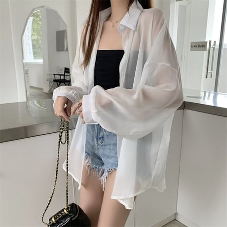 【11color】 シアーシャツ パフ袖 シフォン オーバーサイズ ルーズ シアーブラウス 長袖 レトロ 韓国ファッション レディース Y2K 大人可愛い ガーリー DTC-672456293033