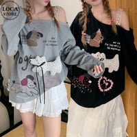 トップス ロンT レース肩紐 ワンショルダー オフショルダー わんちゃん リボン tシャツ 肩出し オーバーサイズ ゆったり 長袖 レトロ 大人可愛い ガーリー DTCA-838606400944