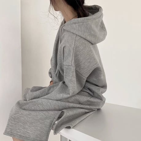 フード付き ワンピース スウェット パーカーワンピース 薄手 プルオーバー 体型カバー スリット ロングワンピース 長袖 ゆったり ルーズ レトロ カジュアル DTCA-687981503456
