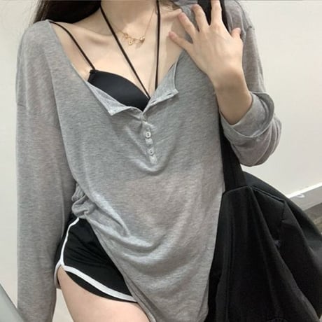 2点セット tシャツ ホルターネック キャミソール フロントボタン 薄手 オーバーサイズ トップス 長袖 レトロ 韓国ファッション レディース 大人可愛い ガーリー DTC-705063752334