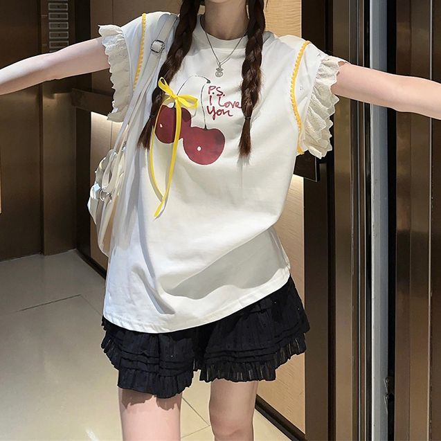 帆船プリント 半袖シャツ リボン付き Tシャツ リボン さくらんぼプリント フライングスリーブ レース