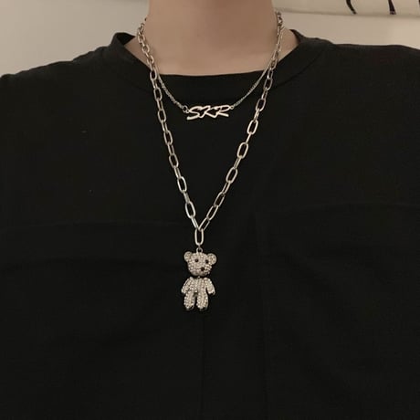 2連ネックレス SKRロゴ キラキラ クマちゃん ペンダント ネックレス CZ キュービックジルコニア 金属アレルギー対応 チタン ユニセックス ストリート TBN-606977142601