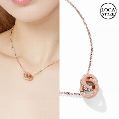 ネックレス レディース ダブルリング 金属アレルギー対応 ピンクゴールド チタン316L ローマ数字 キラキラ ペンダント チェーン付 パーティー ジュエリー (DCT-573804733391)