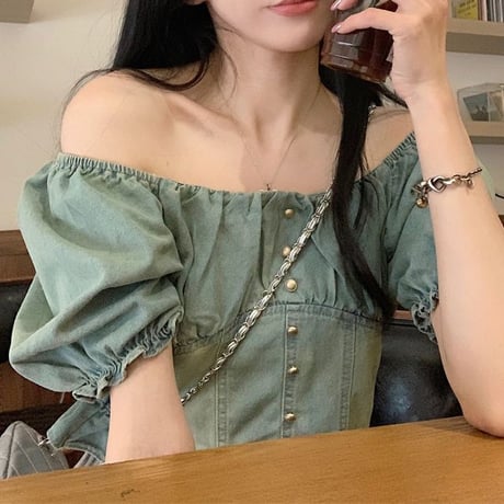 デニムブラウス 2way オフショルダー 半袖 パフスリーブ ショート丈 レトロ 韓国ファッション レディース 大人可愛 ガーリー DTC-714166208956