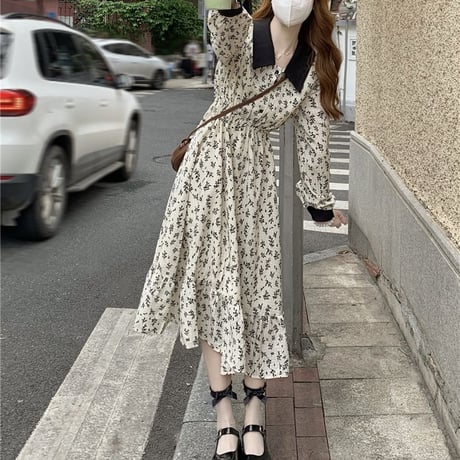襟付き 花柄ワンピース ロング丈 伸縮性ウエスト ハイウエスト 長袖 韓国ファッション レディース 大人可愛い ガーリー フェミニンDTC-655324922378