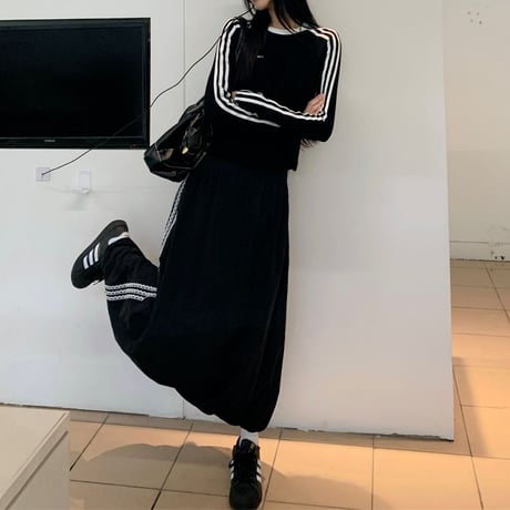 セットアップ サイドライン ロゴ トップス ロングスカート スリムフィット ロンT 長袖 レトロ 韓国ファッション レディース スポーツミックス カジュアル DTC-827098089125