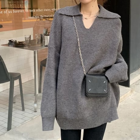 襟付き Vネック ニットトップス ニット セーター プルオーバー 開襟 トップス ルーズ レトロ 韓国ファッション レディース 大人可愛い ガーリー カジュアル DTC-691259080731