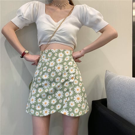 花柄 スカート アシンメトリー ショート丈 グリーン 韓国ファッション レディース ミニスカート シフォン Aライン ハイウエスト レトロ ガーリー 616121572098