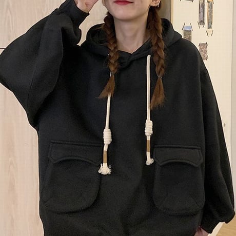 パーカー トップス 裏起毛 プラスベルベット プルオーバー ポケット シンプル ルーズ レトロ 韓国ファッション レディース ガーリー カジュアル DTC-654678669644