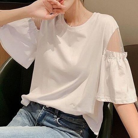 tシャツ シアースリーブ トップス クルーネック シアーtシャツ ゆったり ルーズ 半袖 レトロ 大人可愛い ガーリー カジュアル DTCA-716370765020