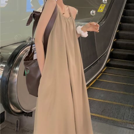 キャミワンピース ノースリーブ ギャザー マキシ丈 マキシワンピース 体型カバー ゆったりウエスト レトロ 大人可愛い ガーリー 韓国ファッション レディース DTC-708870156686