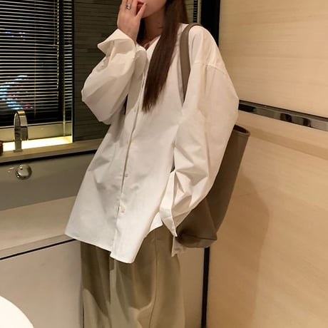 ノーカラー シャツ Vネック ルーズ ブラウス 長袖 レトロ 韓国ファッション レディース 大人可愛い ガーリー DTC-733875125653