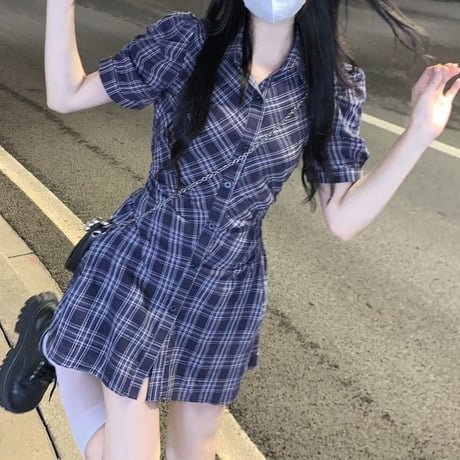 チェック柄 シャツワンピース パフスリーブ ハイウエスト ミニワンピース 半袖 レトロ 韓国ファッション レディース 大人可愛い ガーリー フェミニン DTC-676307425634