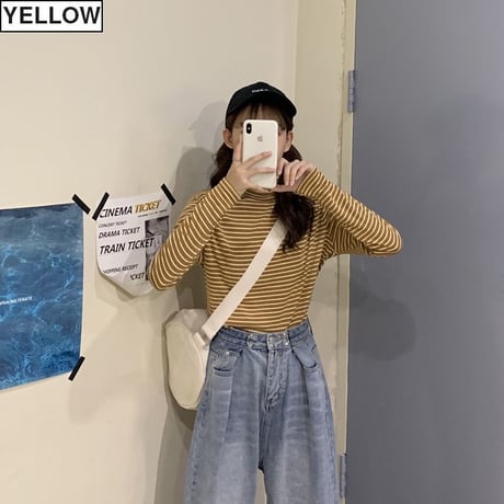 ストライプ スリムフィット カットソー ハイネック 韓国ファッション レディース 起毛 タートルネック タイト 長袖 Tシャツ レトロ (DTC-608574695103)