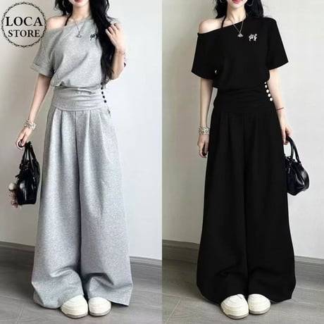 セットアップ 上下セット スウェット オフショルダー tシャツ トップス ワイドパンツ ハイウエスト オフショル レトロ 大人可愛い ガーリー カジュアル DTCA-920359912258