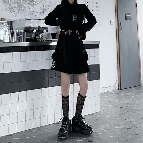 セットアップ ミリタリー風 ショートシャツ プリーツ ミニスカート ネクタイ ベルト 長袖 ハイウエスト レトロ 韓国ファッション レディース ゴシック モード系 DTC-651778269970