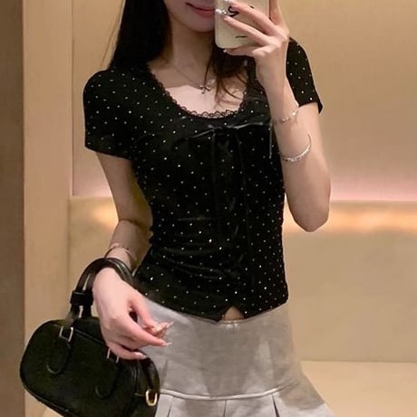tシャツ ドット柄 リボン レース Vネック ショート丈 トップス スリムフィット ピチT タイトフィット 半袖 レトロ 大人可愛い ガーリー DTCA-897167822699