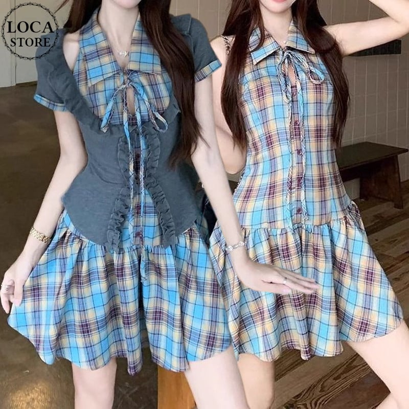 黒ドット柄ノースリーブワンピースとカーディガンコーデ2点