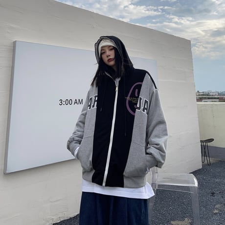 ユニセックス バイカラー パーカー ジップアップ 長袖 オーバーサイズ ゆったり 韓国ファッション レディース カジュアル ストリートファッション DTC-652745978761