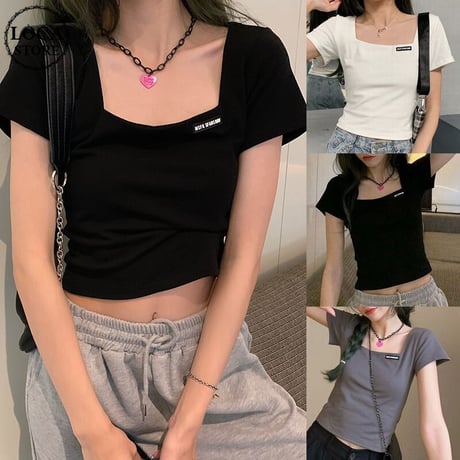クロップド丈 Tシャツ スクエアネック へそ出し 半袖 夏 韓国ファッション レディース ショート丈 トップス カットソー 大人可愛い ガーリー DTC-639879592437