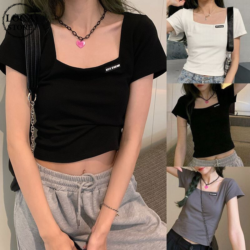 クロップド丈 Tシャツ スクエアネック へそ出し 半袖 夏 韓国