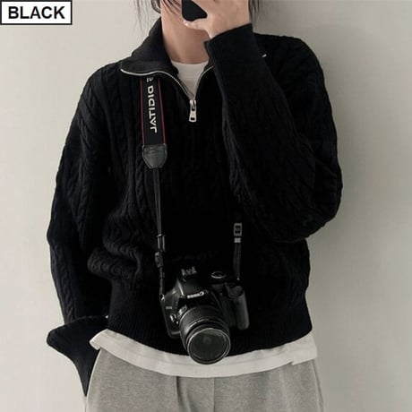 ニット セーター ハーフジップ ケーブル編み プルオーバー ハイネック トップス ルーズ レトロ 韓国ファッション レディース 大人可愛い ガーリー カジュアル DTCA-734231787441