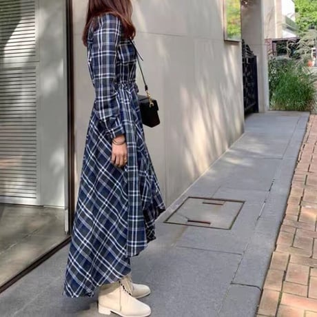チェック柄 シャツワンピース イレギュラーヘム Aライン ハイウエスト ロングワンピース 不規則 ルーズ 長袖 レトロ 大人可愛い ガーリー カジュアル DTCA-679117868981