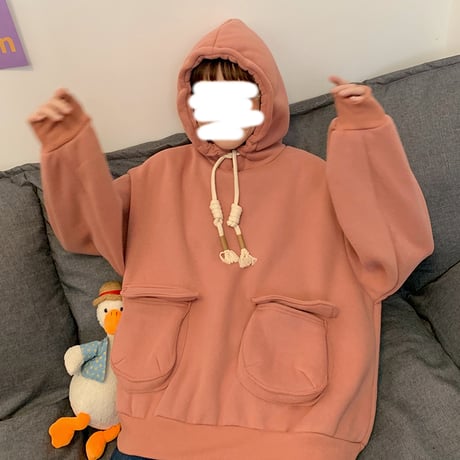 パーカー トップス 裏起毛 プラスベルベット プルオーバー ポケット シンプル ルーズ レトロ 韓国ファッション レディース ガーリー カジュアル DTC-654678669644