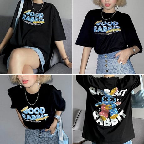 ユニセックス Tシャツ 半袖 ラビット うさぎ クルーネック オーバーサイズ ゆったり 大きめ 韓国ファッション メンズ レディース カジュアル ストリート系 DTC-665764992163