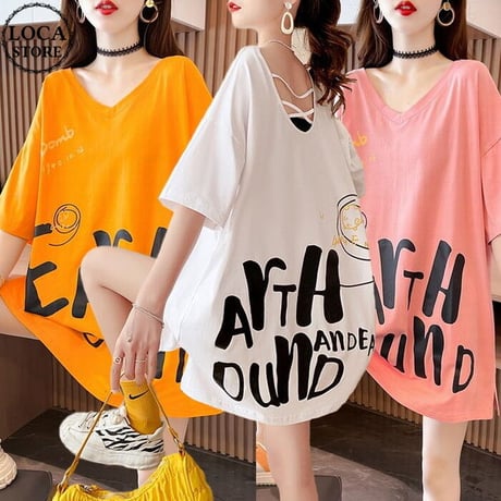 Tシャツ チュニック オープンバック Vネック オーバーサイズ ゆったり 半袖 レトロ 韓国ファッション レディース 大人可愛い ガーリー カジュアル DTC-650661295321