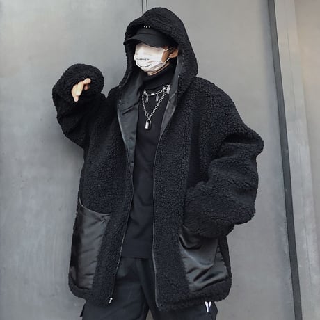 リバーシブル フード付き ボアブルゾン ユニセックス ラムウール 厚手 韓国ファッション ボアジャケット パーカー 2way もこもこ 防寒 カジュアル ストリート DTC-628591128418