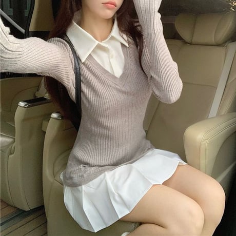 フェイクレイヤード ワンピース ドッキングワンピース ニット プリーツ スリムフィット Aライン 長袖 レトロ 韓国ファッション レディース 大人可愛い ガーリー DTCA-769852936406