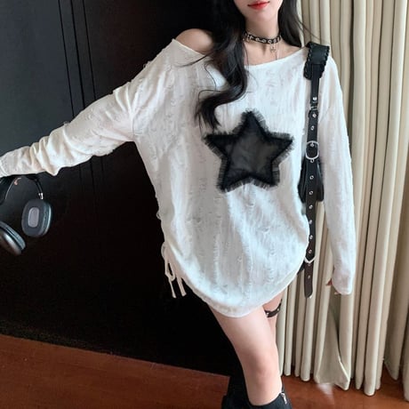 ロンT ダメージ加工 スター 星 ドローストリング ドロスト ダメージトップス プルオーバー tシャツ オーバーサイズ ルーズ 長袖 レトロ 大人可愛い ガーリー DTCA-837831882209