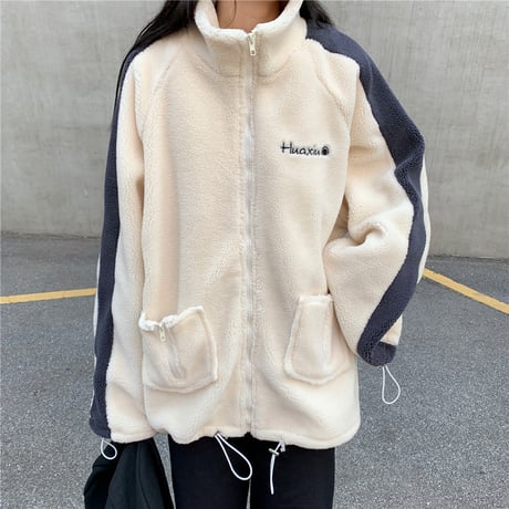 ボアブルゾン アウター 韓国ファッション レディース フリース もこもこ あったか フロントジッパー ファスナー 長袖 ゆったり シンプル レトロ ガーリー (DTC-604853811164)
