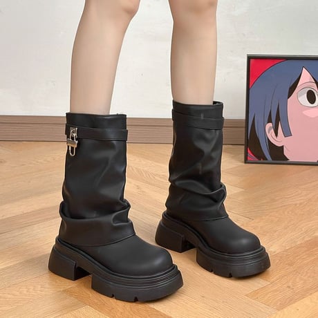 厚底 ショートブーツ 22.5～25.0cm エンジニアブーツ PU フェイクレザー 厚底ブーツ プラットフォーム ブーツ カジュアル 韓国ファッション レディース DTCA-824995505536