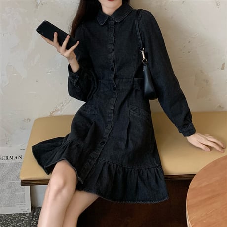 デニム ワンピース フリル 薄手 長袖 レトロ 韓国ファッション レディース カジュアル 大人可愛い ガーリーDTCA-982411488502