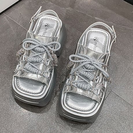 厚底 スポーツサンダル 22.0～24.5cm スニーカー風サンダル 厚底サンダル スポサン オープントゥ シューレース サンダル 韓国ファッション レディース DTC-786299032395