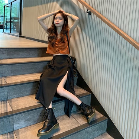 スカート ロング丈 深スリット Aライン 韓国ファッション レディース スリットスカート ロングスカート ハイウエスト シンプル ガーリー DTC-619028196950_sk