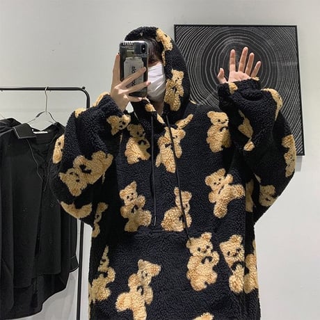 ユニセックス プルオーバー ボアフリースパーカー メンズ レディース 英字 クマちゃん ベアー プリント オーバーサイズ ルーズ ストリート系 ファッション TBN-629554274748