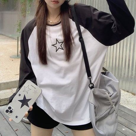 tシャツ バイカラー ラグランスリーブ スター 星 オーバーサイズ トップス ロンT 長袖 ゆったり 体型カバー カジュアル レトロ 韓国ファッション レディース DTCA-778096918717