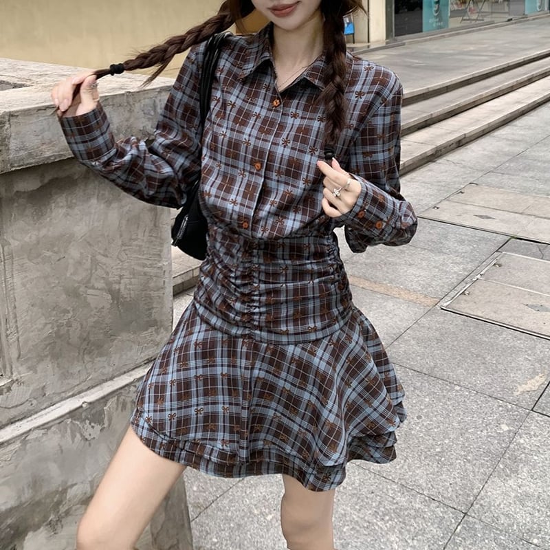 襟付き リボンチェック柄 シャツワンピース ウエストマーク ミニ
