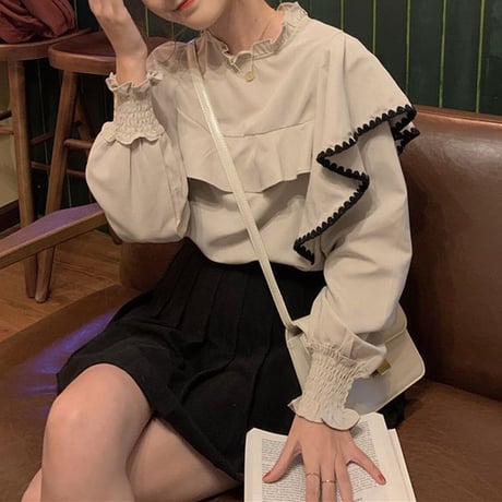 フリル ブラウス トップス 配色 パフスリーブ プルオーバー ゆったり 長袖 レトロ 韓国ファッション レディース 大人可愛い ガーリー フェミニン DTC-655094774689