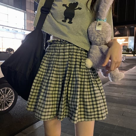 【セットアップ】 クロップド丈Tシャツ ＋ チェック柄 プリーツスカート 韓国ファッション レディース 2点セット 半袖 トップス ミニスカート ハイウエスト DTC-619171525060